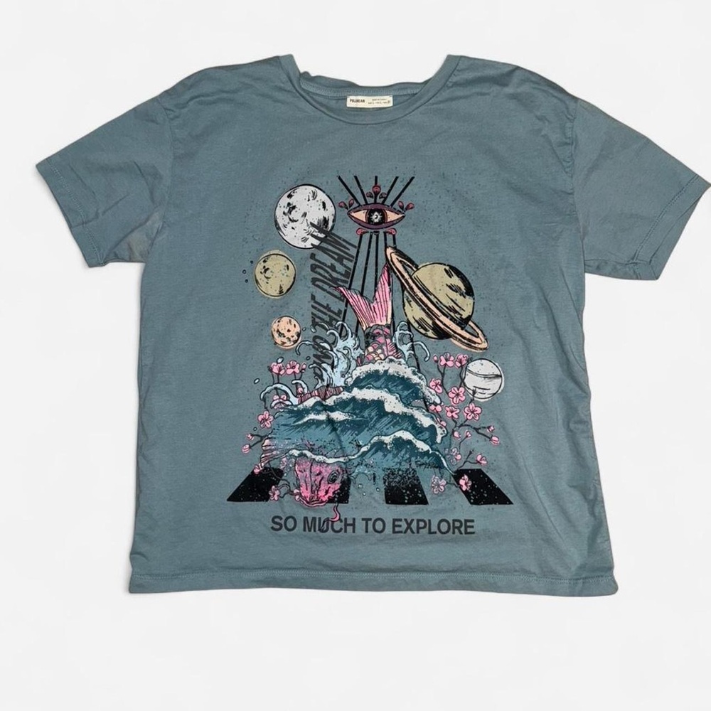 Pull&Bear Graphic Tee L Blue Space Ocean Surreal Art Shirt Unisex Casual